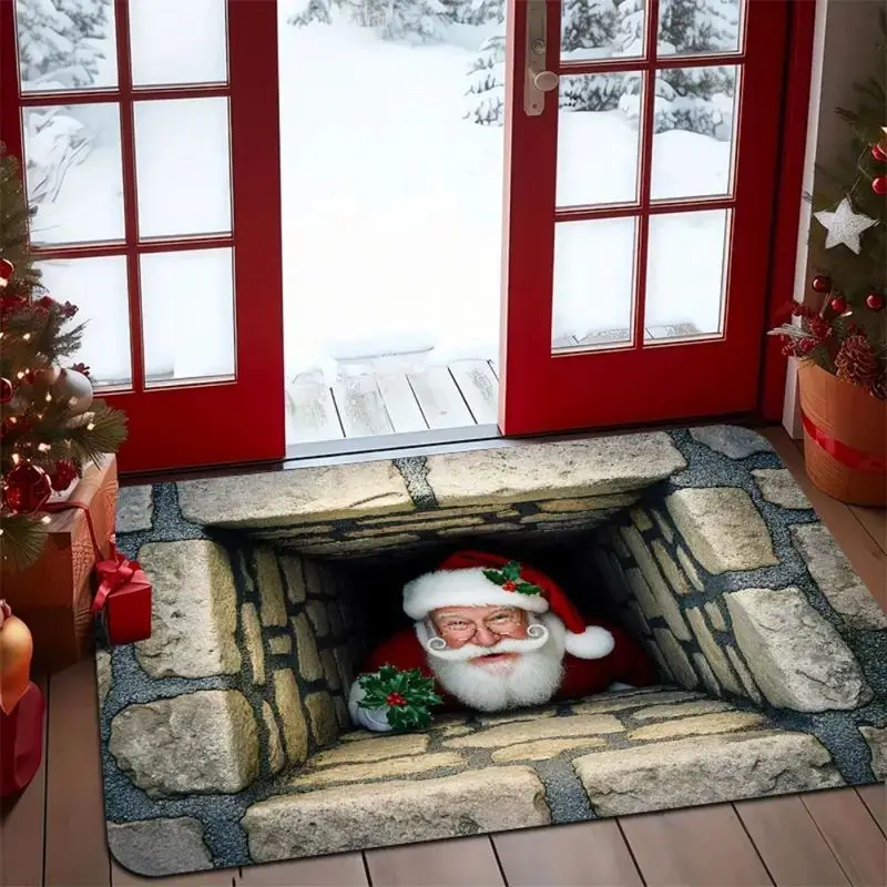 VIKAMA Christmas Welcome Mat 3D Stone Well Santa Claus Peeking Funny 2027 Indoor Rug Non Slip Happy New Year Home Decor