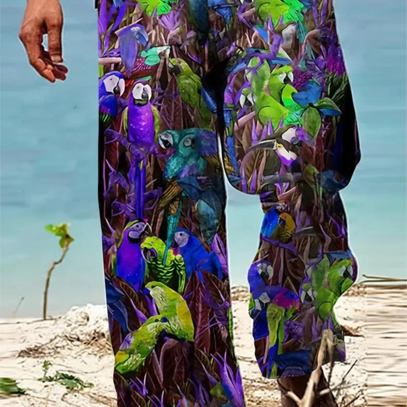 Été nouveaux hommes cordon plage vacances Style pantalon à jambes larges mode amusant motif perroquet imprimé ample décontracté pantalons de plage