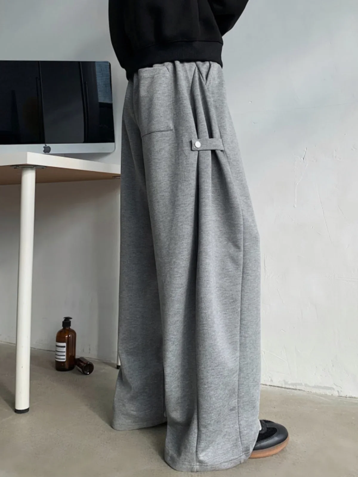 Grey Deconstructed Spor Wide Leg Casual Pants Men's Autumn Winter Heavyweight American High Street Loose Fit Long Trousers