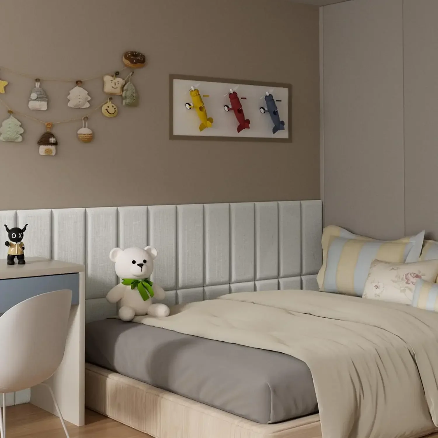 Upholstered Wall Mounted Headboard for Queen in Beige, Peel and Stick Wall Padding Panel Terry Cloth, 9 Panels Sized 9.84