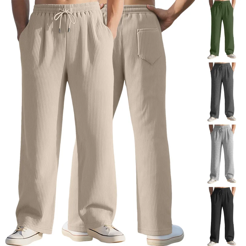 2025 Spring/Summer Men's Casual Loose-Fitting Straight Pants with Vertical Stripes, Mid-Waist, Wide Leg Pants for Men