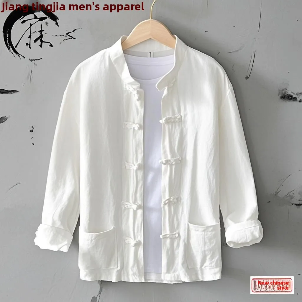 

Свободный хлопковый льняной мужской костюм Тан, повседневный винтажный костюм на пуговицах, китайский топ, длинный свек, этническая одежда, M Faion