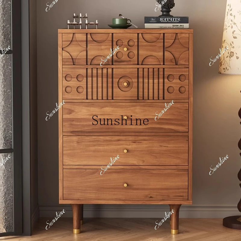 Solid wood living room storage locker medieval carved five-bucket drawer side cabinet  FT