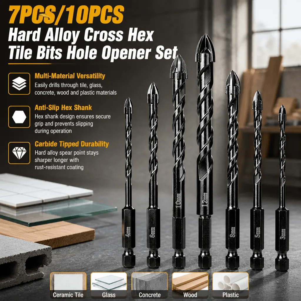 7Pcs Tile Drill Bit Set Masonry Drill Bits Carbide Tipped Hex Shank Multi Material Glass Ceramic Concrete Wood Wall Drilling