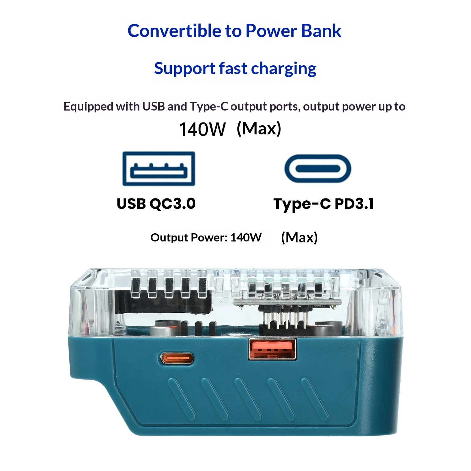 Power Tool Li-ion Battery PD3.1 140W Bi-Directional Type-C Converter Module With Digital Display Screen