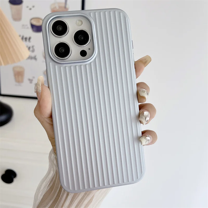 

Natural Titanium PC Phone Case For iPhone 16E 12 13 14 15 16 Pro Max Plus Electroplated Grating Corrugated Hard Shockproof Cover