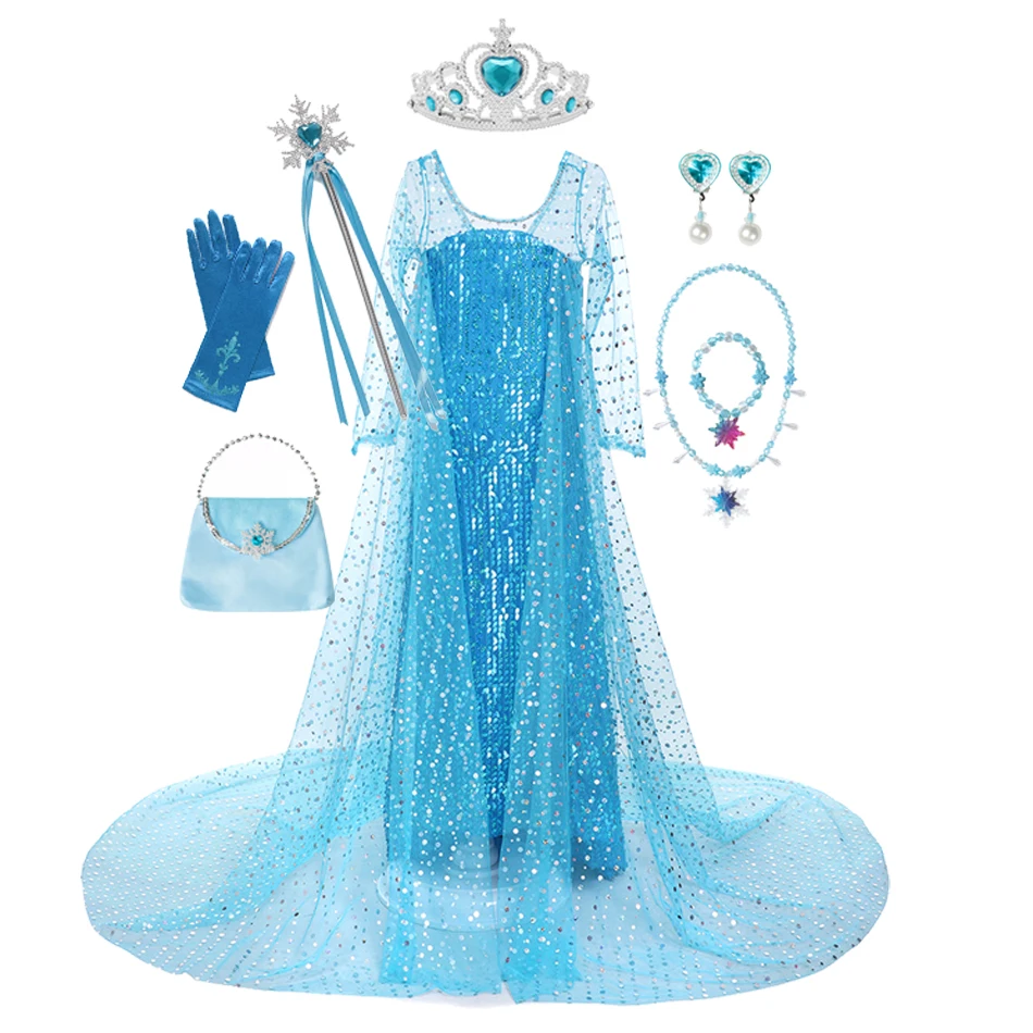 Gaun Cosplay Putri Disney Frozen Girls Elsa Kostum Payet Pakaian Anak Prom Pesta Ulang Tahun Halloween Ratu Salju dengan Jubah