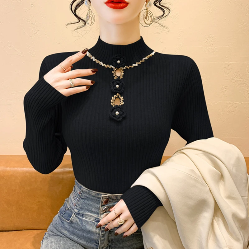 المرأة الجوف خارج طويل Sve محبوك قاعدة irt سليم صالح الخريف الشتاء Faion الفرنسية Sle الزخرفية لصق سترة أعلى