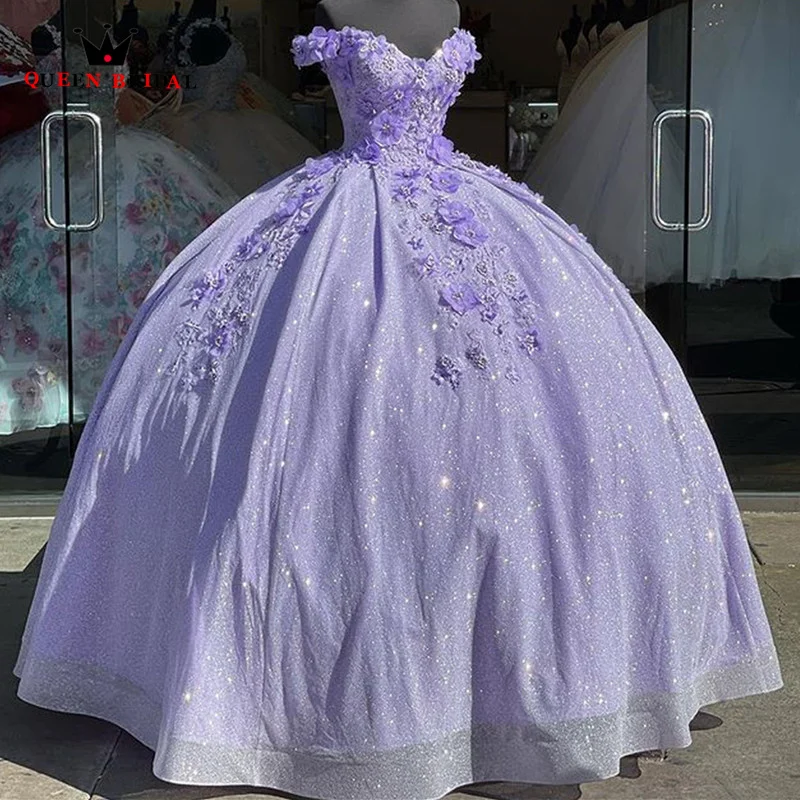 

Luxury V-Neck Purple Formal Gown Off the Shoulder Lace Up Quinceanera Ball Gown 3D Flower Lace Appliques Prom Deesses TY14