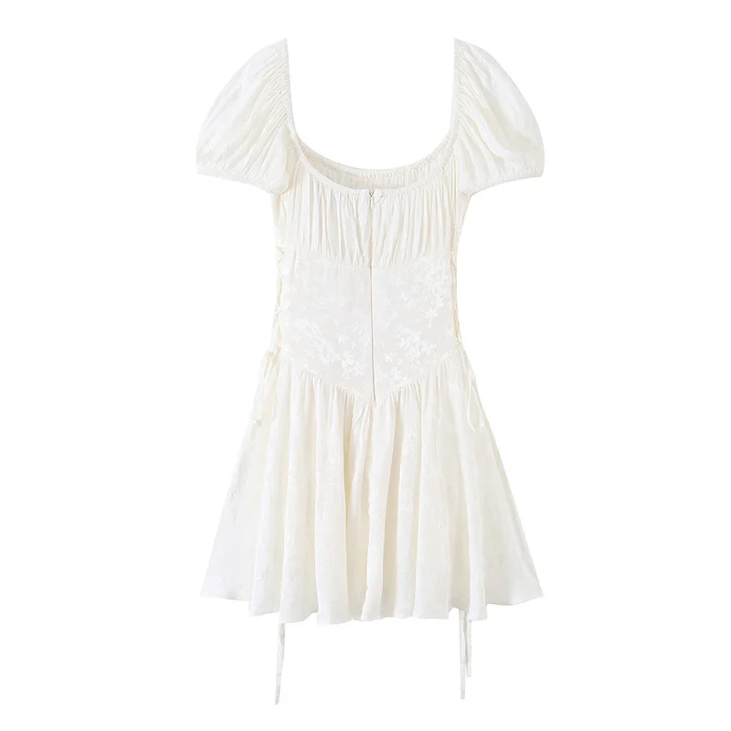 Guobioziy2026 Women's French-Style Square Neck Puff Sleeve Dress with Jacquard Drawstring Short White Mini Dress
