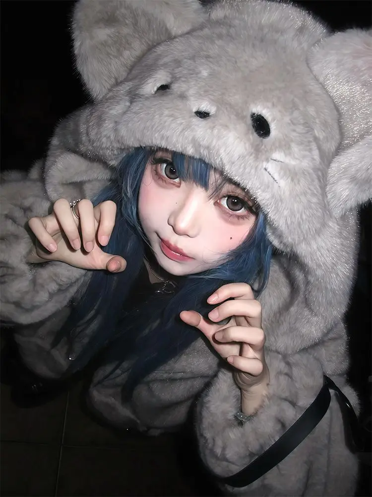 

Мягкая и милая шуба с капюшоном в японском стиле панк, зимняя темная милая крутая кожаная шуба на пуговицах