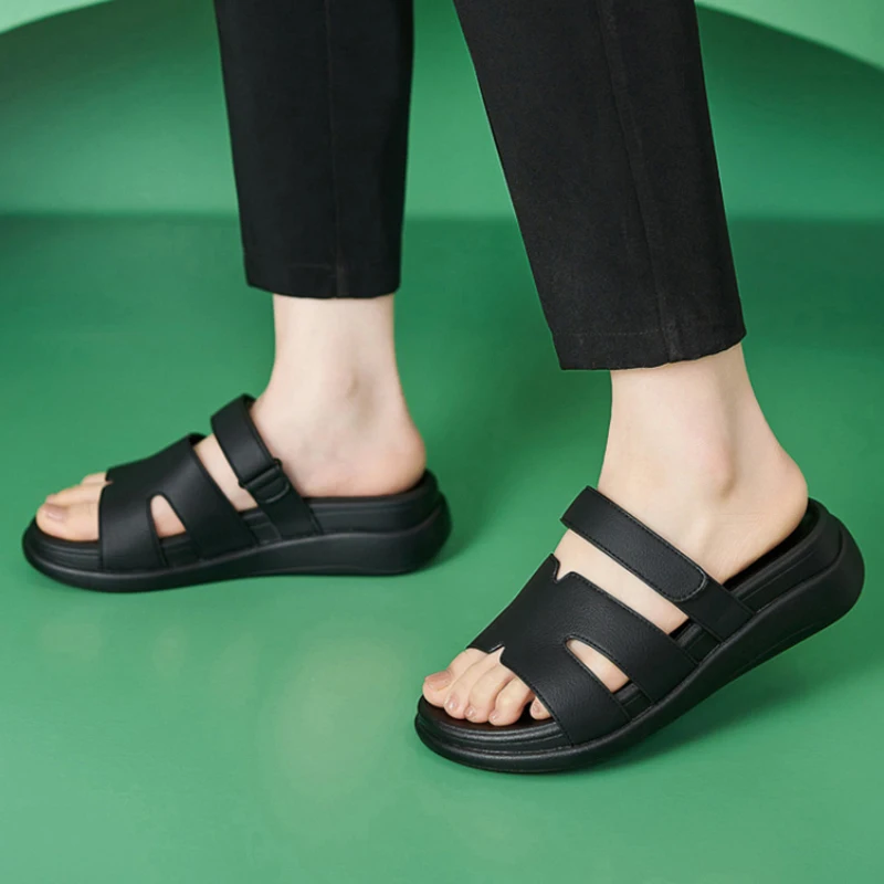 

Tan Faux Leather Platform Slide Sandals Open Toe Cut Out Design Thick Cushioned Sole Comfortable Casual Summer Walking Slippers