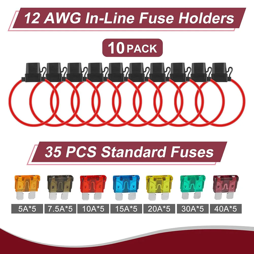 10 Sets of 12V Direct Insertion Fuse Holders 12 AWG Waterproof Fuse Holders with 35 5A/7.5A/10A/15A/20A/30A/40A Standard Car Fus