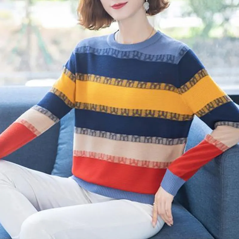 Women\'s Clothing Color Striped Knitted Sweaters Casual Long Sleeve Autumn Winter Round Neck Stylish Spliced Hollow Out Jumpers