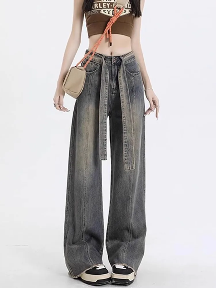 

American Retro High Waist Wide Leg Jeans Women plus Size Pear Shape Body Slimming Floor Length Pants Casual Style Multi Pocket