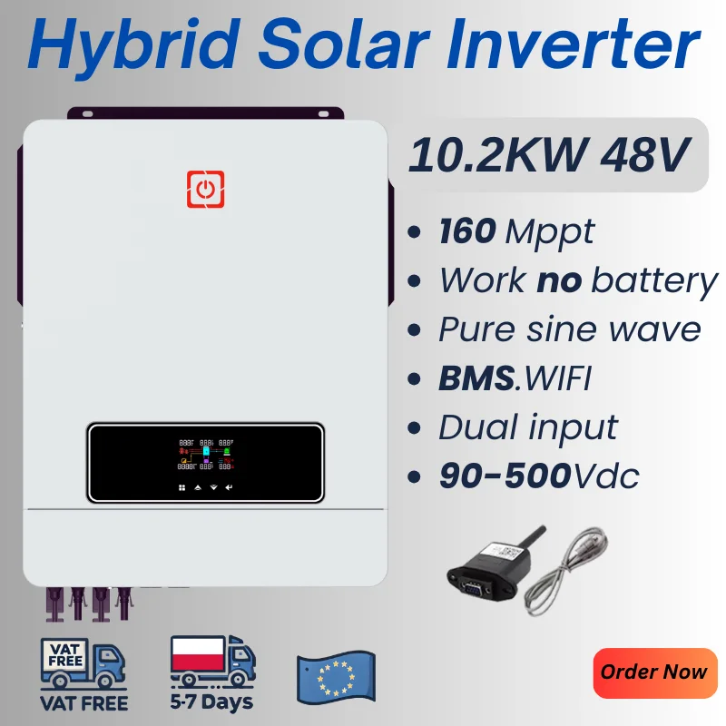 

10.2KW Hybrid On/Off Grid Solar Inverter 48V with 500VDC, 160A, 2 MPPT, Pure Sine Wave - Dual Output Solar Charger for Home