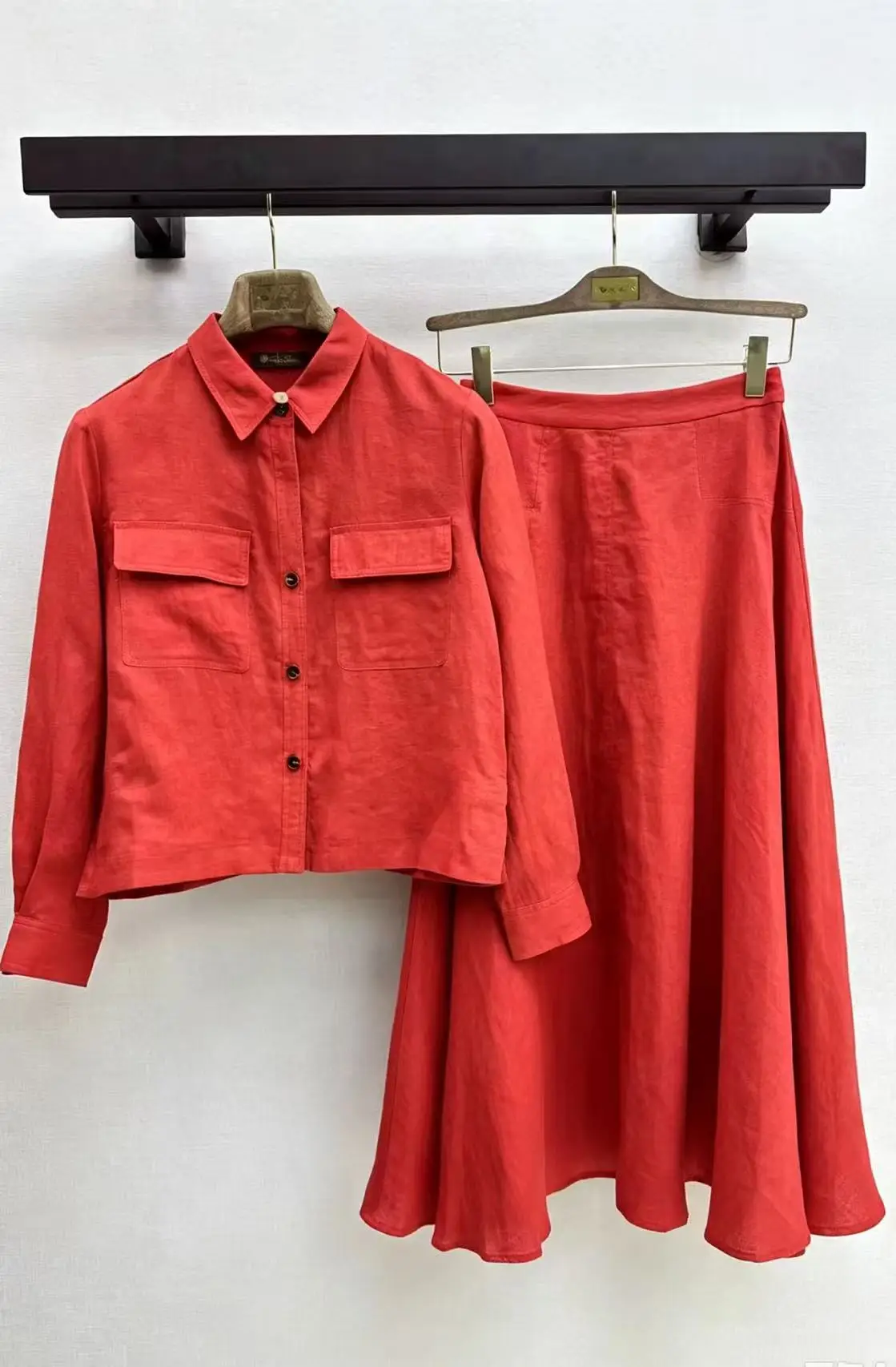 Linen Cropped Cargo Pocket Shirt & Flared Midi Skirt Two-Piece Suit for Women