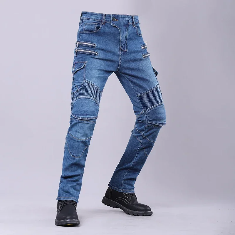 Motorcycle Jeans Blue Men's Straight Fit Jeans Zipper Multi Pocket Pants Off Road Motorcycle Riding Pants Knight Pants