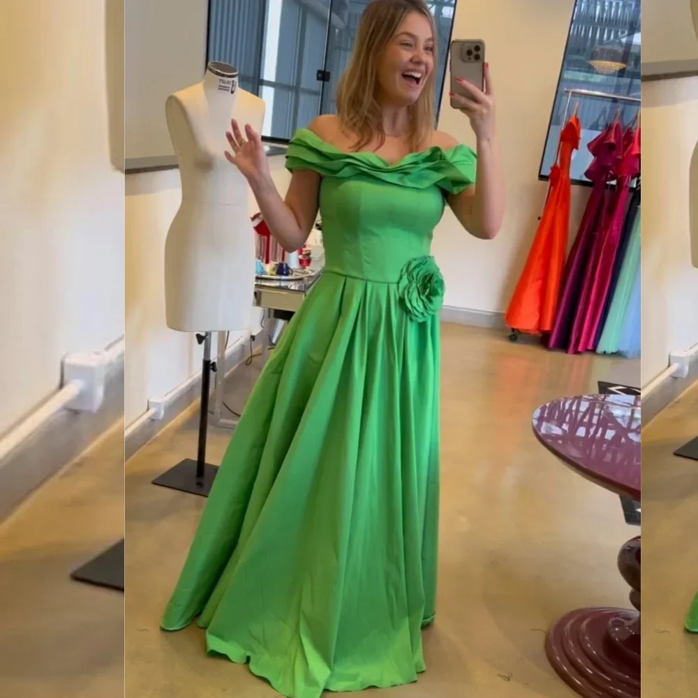 

Customized Jersey Flower Ruched Engagement A-line Off-the-shoulder Bespoke Occasion Gown Long Dresses
