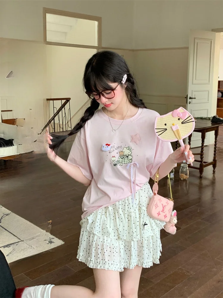 BibiBency2025 Women's Summer ort Sve T-irt And Polka Dot Chiffon f Skirt Set Cotton round Neline Svel Top