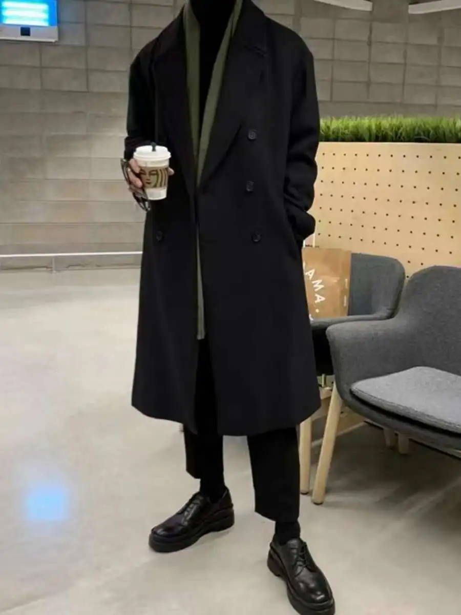 

Autumn Winter Briti Sle Men's Woolen Coat Long Casual Length Thiened Overcoat Youth Faion Casual Scène Pure Color