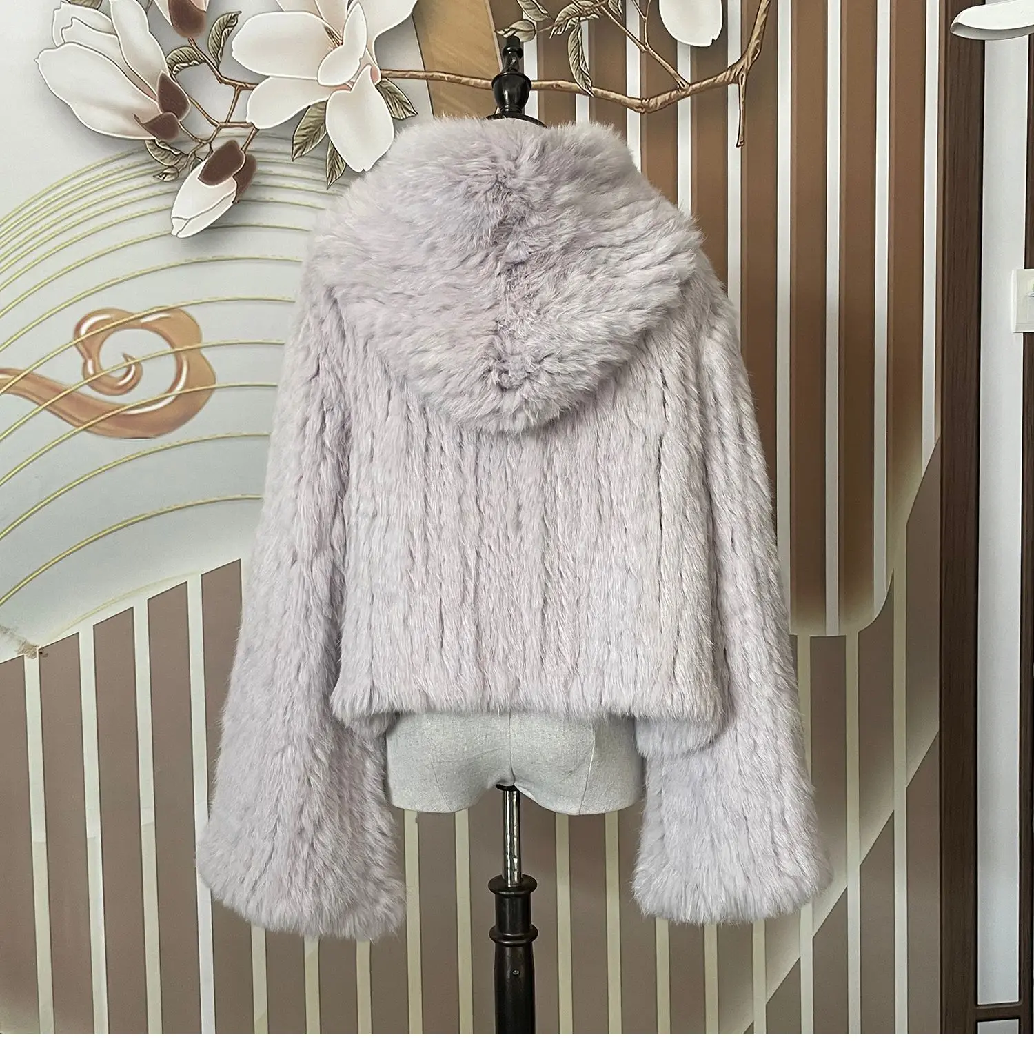 Long Sleeve Casual Loose Knitted Real Rabbit Fur Hooded Coat Women Genuine Natural Rabbit Fur Outwear Female Fur Jacket