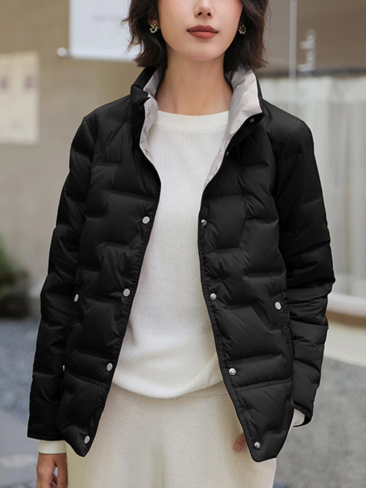 FTLZZ Autumn Winter Women Light Puffer Parka Outwear Fashion White Duck Down Coat Casual Stand Collar Single Breasted Jacket