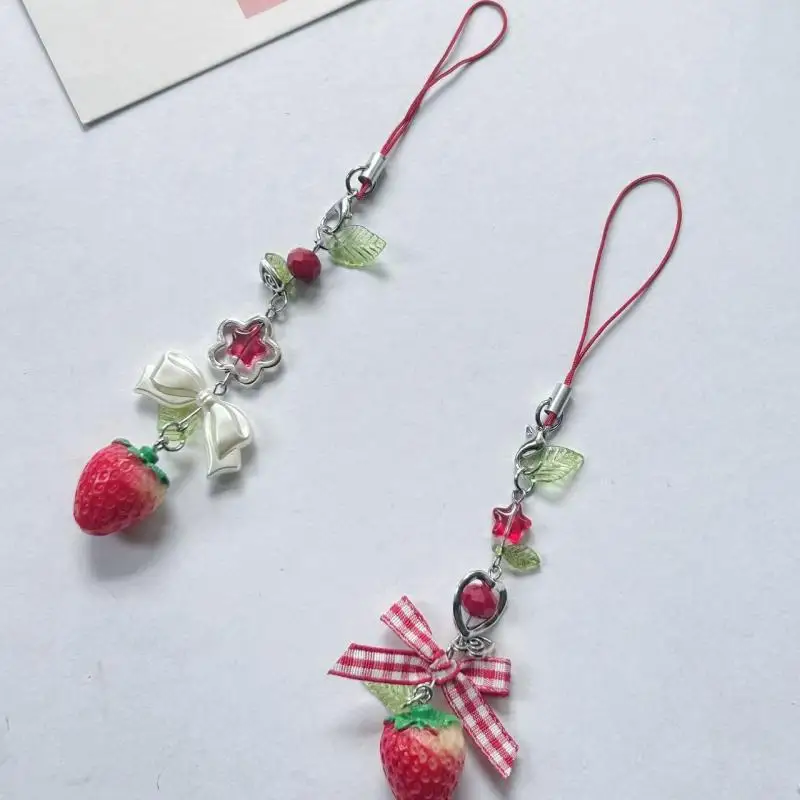 Y2K Charms Strawberry Bow Phone Chain Key Ring Keychain Accessory Girlfriend Gift