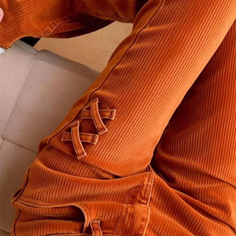 Spring Autumn 2026 Fashion Orange Corduroy Pants Women's Trousers Long Pants High Waisted Slim Good-Looking Micro Flared Pants
