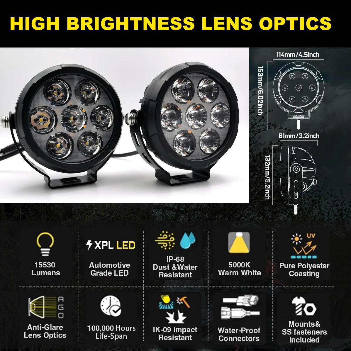 New Hot Motorcycle Lighting System 5inch 70W Motorcycle Led Fog Light White with Amber Covers Wire Harness