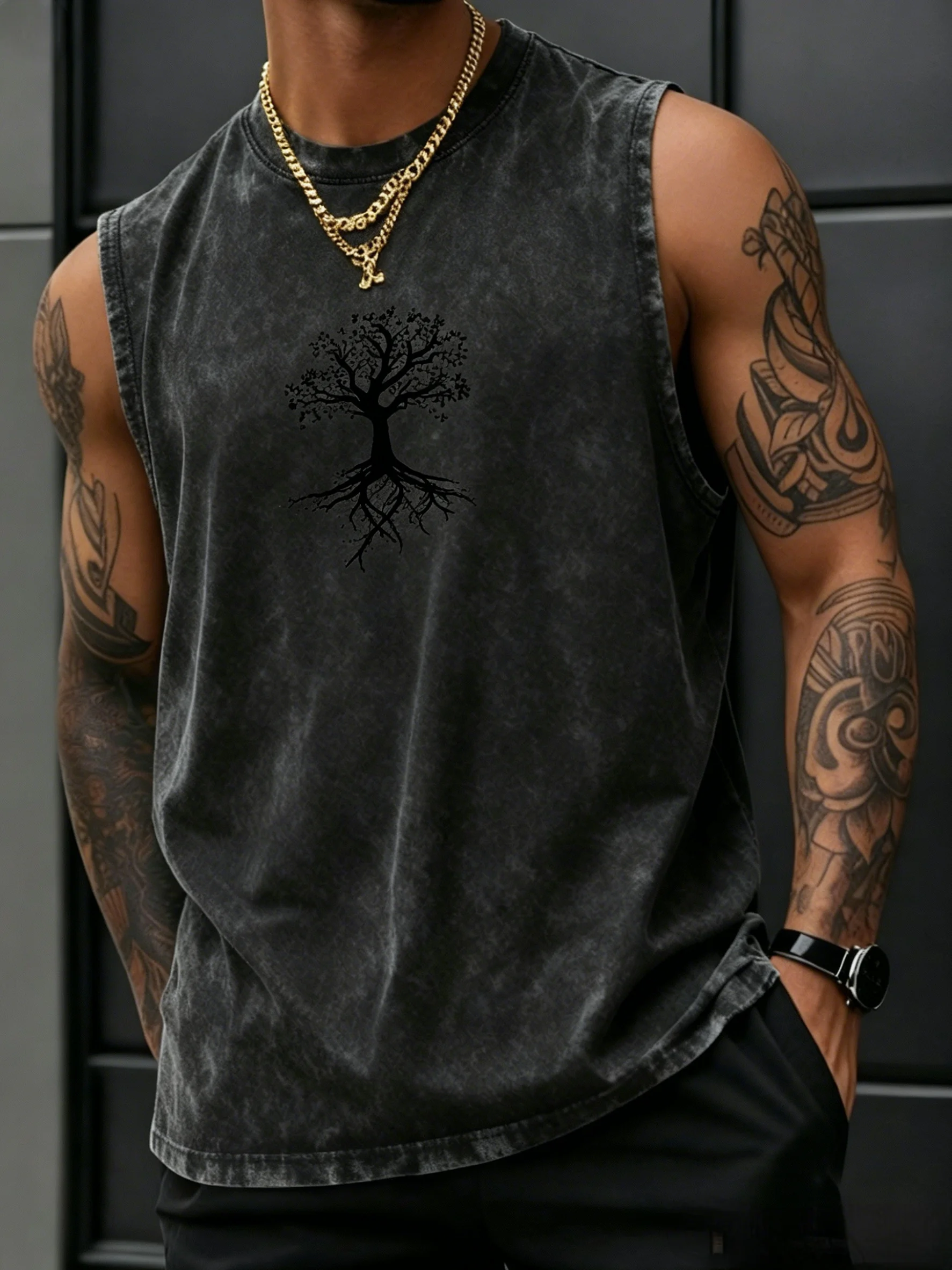 Herren Oversize Vintage Washed 100% Baumwolle Ärmelloses Tanktop 2026 Trend Lebensbaum-Print Lässige Outdoor-Workout-Weste – Detail 18