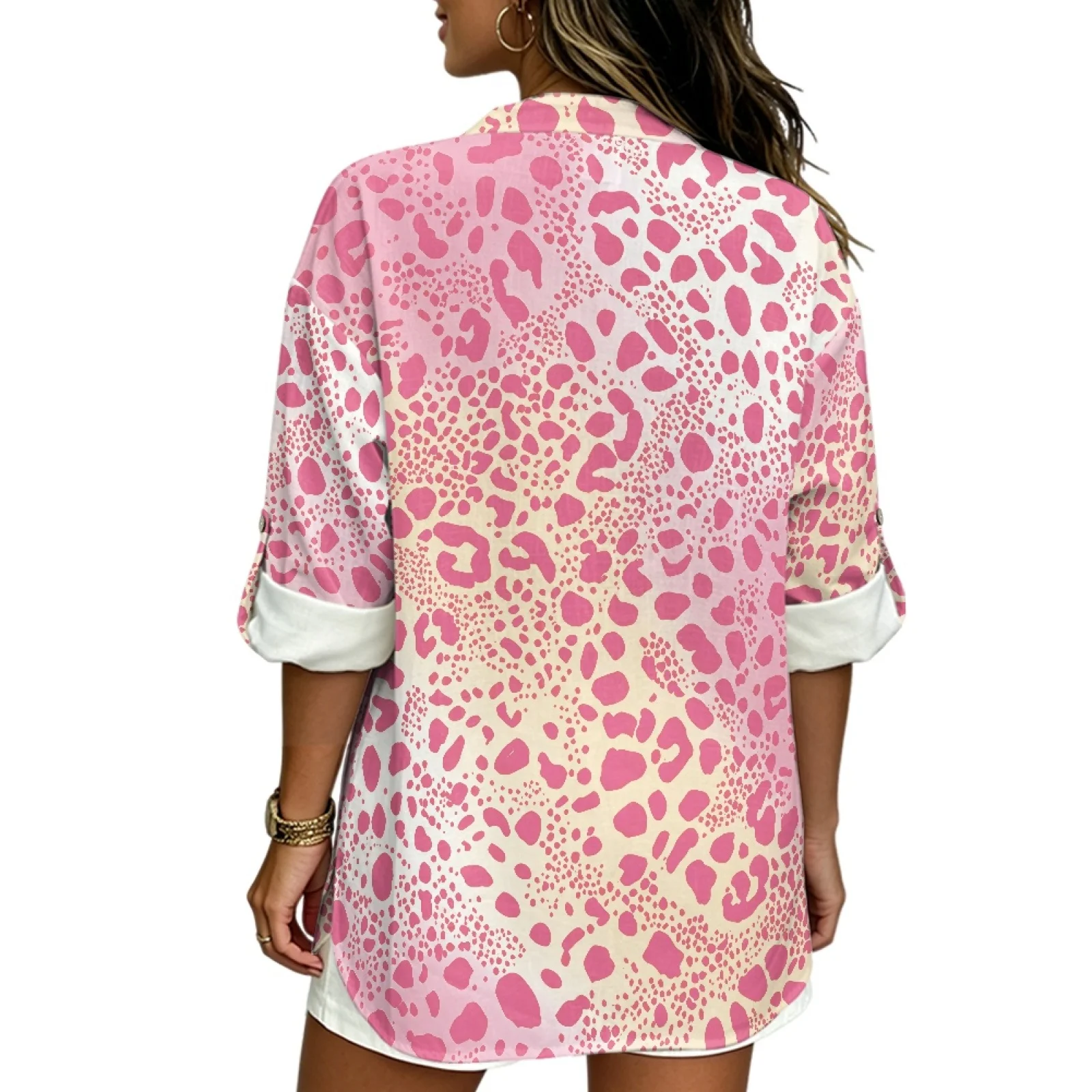 PENSTROLL Blusa Casual de Manga Larga con Cuello en V y Estampado de Leopardo Rosa, Tipo Lino, para Mujer, Blusa Túnica con Abertura