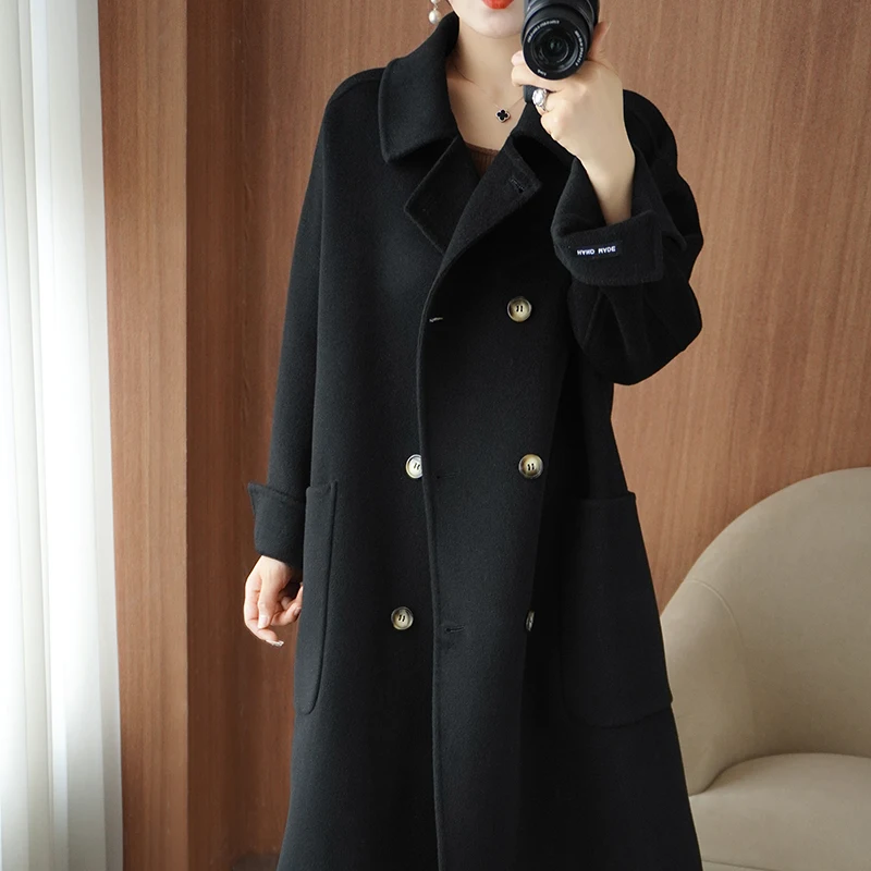 Autumn And Winter New 100% Wool Coat Women\'s Double-Sided Woolen Coat Medium Long Thick Double Breasted Windbreaker