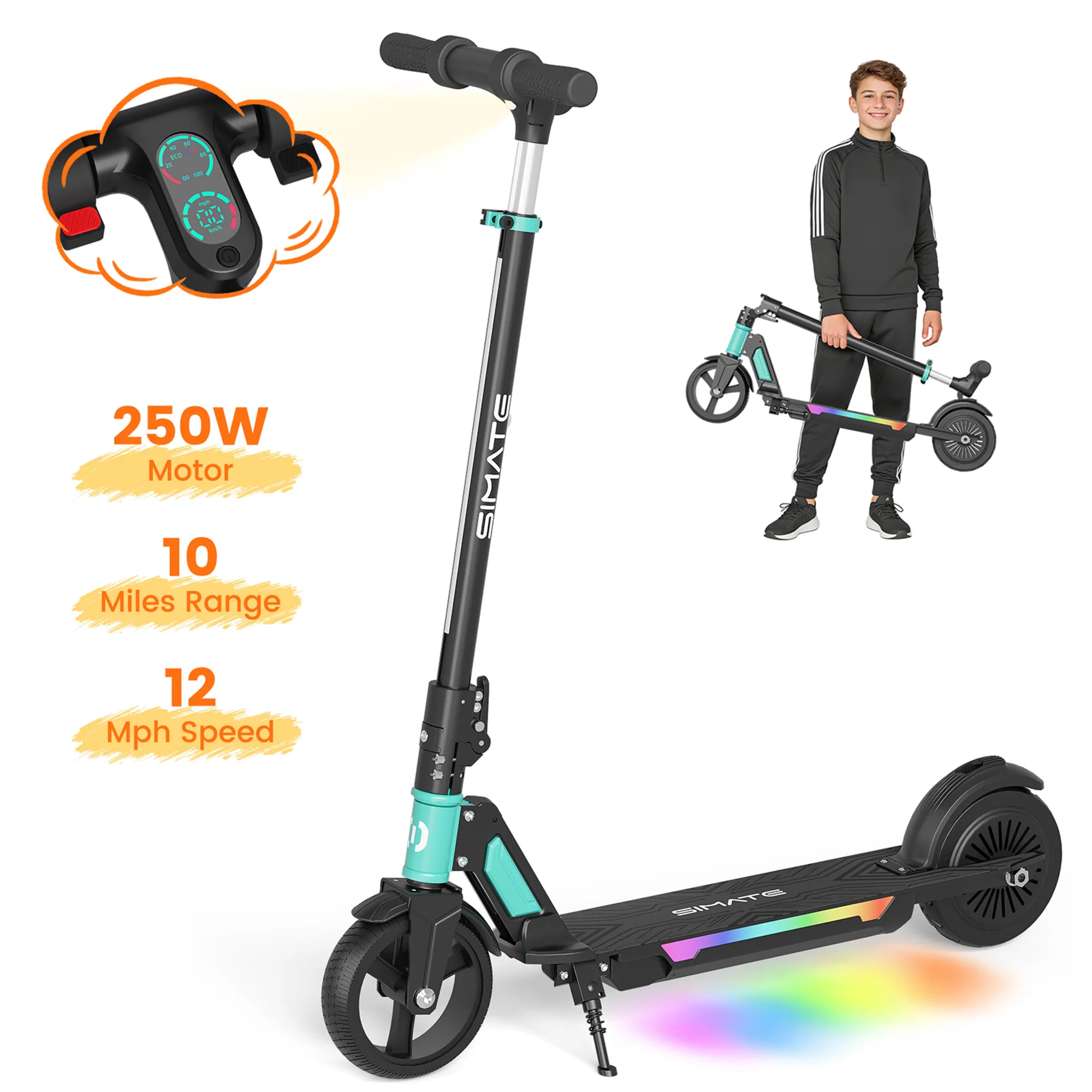 Commugo S7pro Kids Electric Scooter 250W Motor, 10 Miles Range, Cruise Control, Dual Braking, LED Lights, and Easy Folding for Daily Commuting