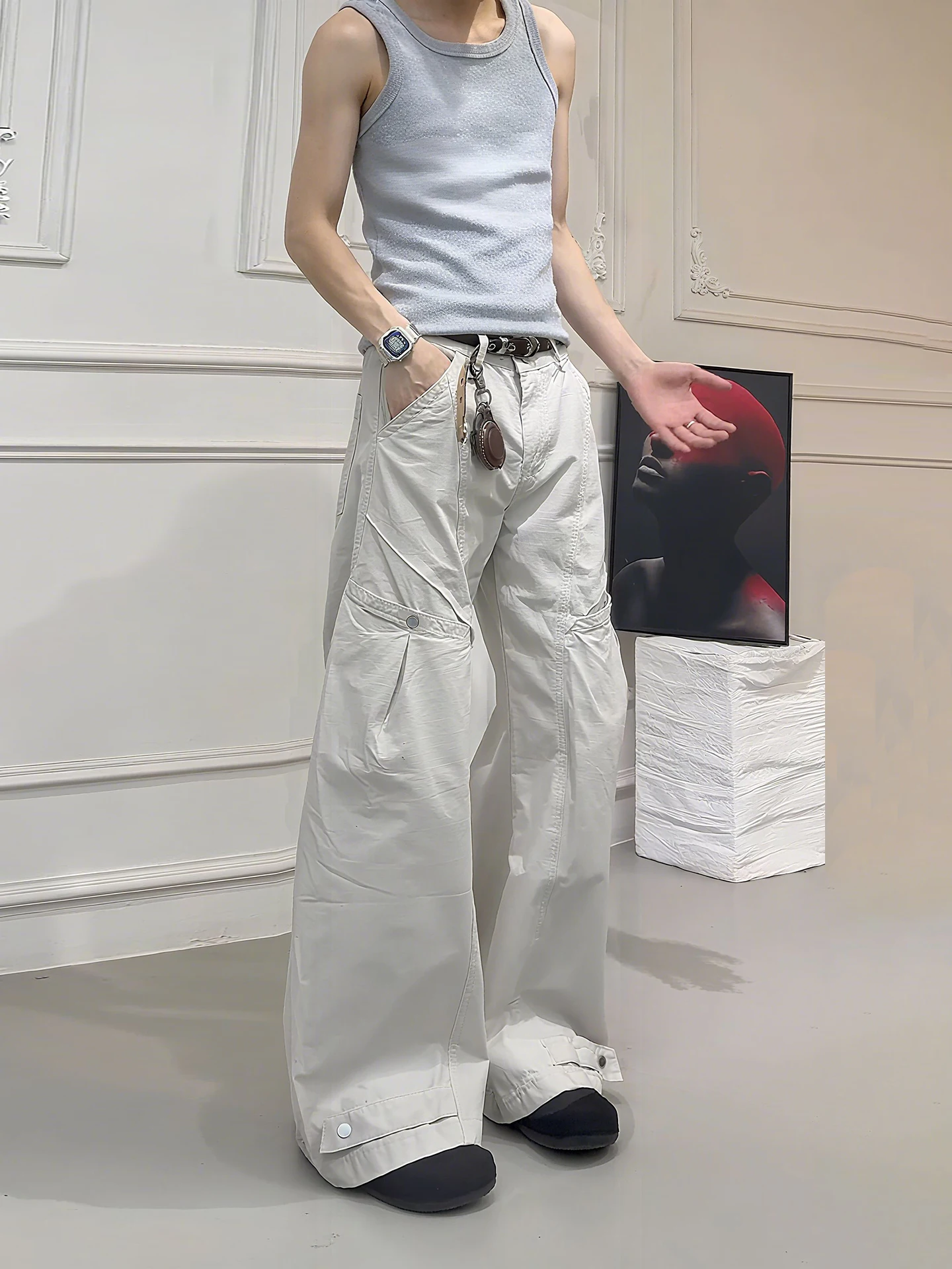 

Мужские рабочие брюки American Sle: осенний дизайн, широкие штанины, повседневные длинные брюки с большими карманами, белые, прямого кроя