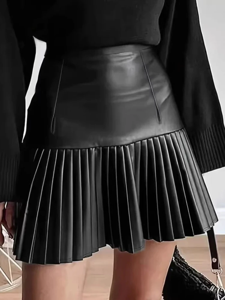 

Foamlina модная черная, серебряная мини-юбка из искусственной кожи для женщин, элегантная плиссированная короткая юбка трапециевидной формы с высокой талией для уличного офиса