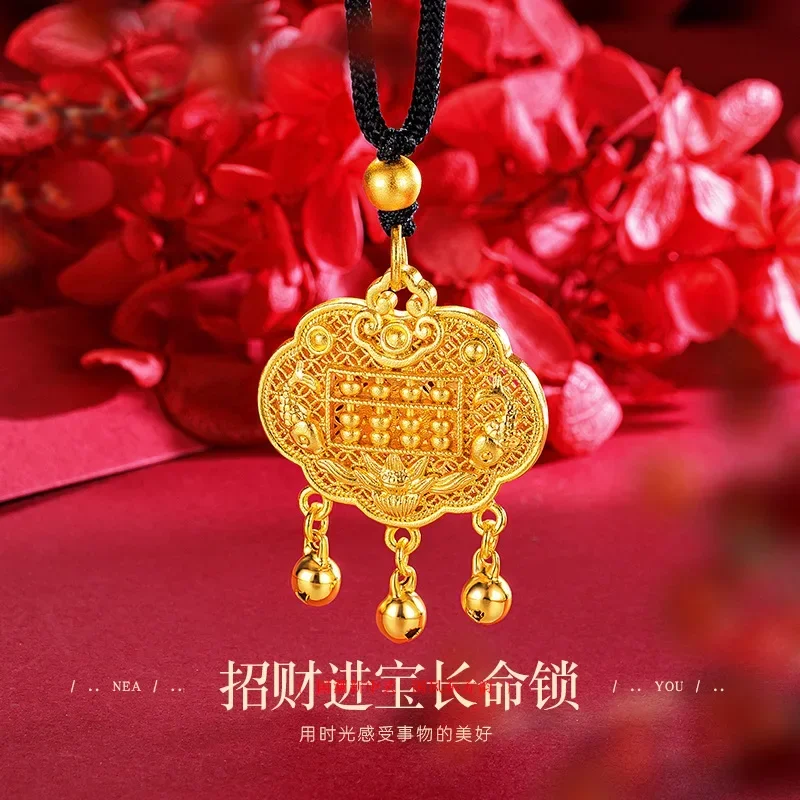 9999 Real Gold 24K Ancient Long Life Lock Pendant Bell Safety Lock Pendant Retro Lucky Treasure Abacus Braided Rope Necklace