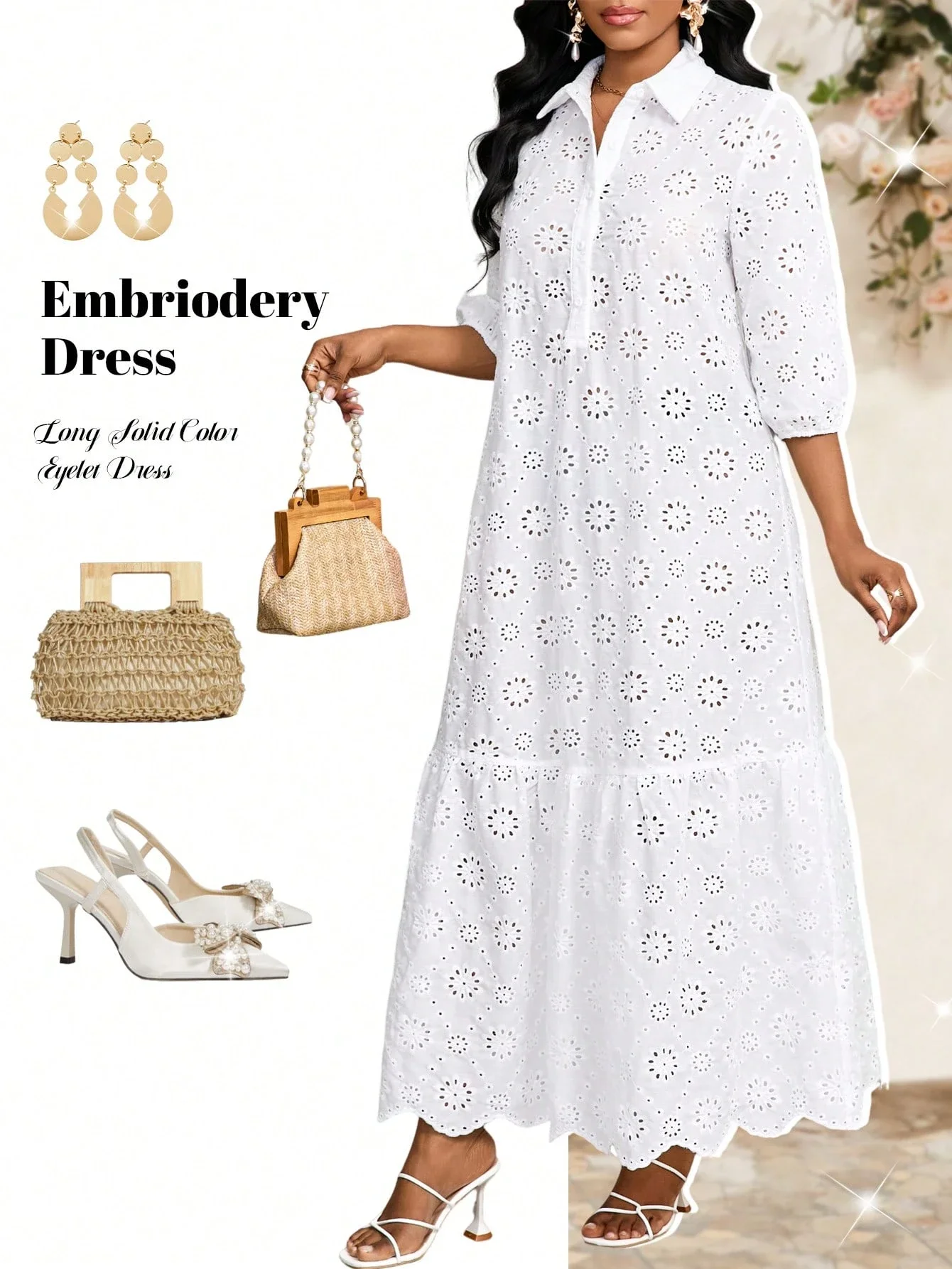 

Женское белое длинное платье с вышивкой и ажурным узором, летнее повседневное платье-рубашка