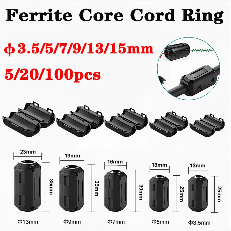 10Pcs Multifunctional Ferrite Core Cord Ring Choke 3.5/5/7/9/13/15mm Ideal for Power & Antenna Cables EMI RFI Noise Filter