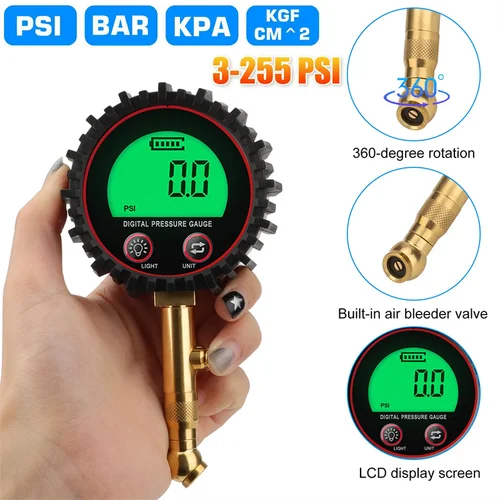 Medidor de presión de neumáticos con retroiluminación, pantalla LCD Digital, 3-255PSI, para coches, camiones y bicicletas