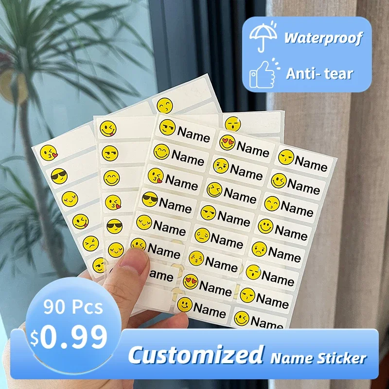 90 buah stiker nama stiker khusus Label pribadi tahan air alat tulis sekolah anak-anak Label warna kartun 30x11mm