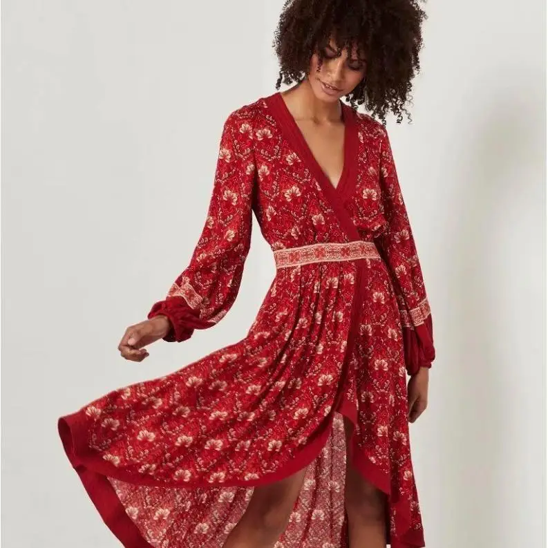 n Sle Maxi Dr Women's V-Ne Vintage Vaion Skirt Long Sve Polyester Elastic Waist Bell Bot Gown