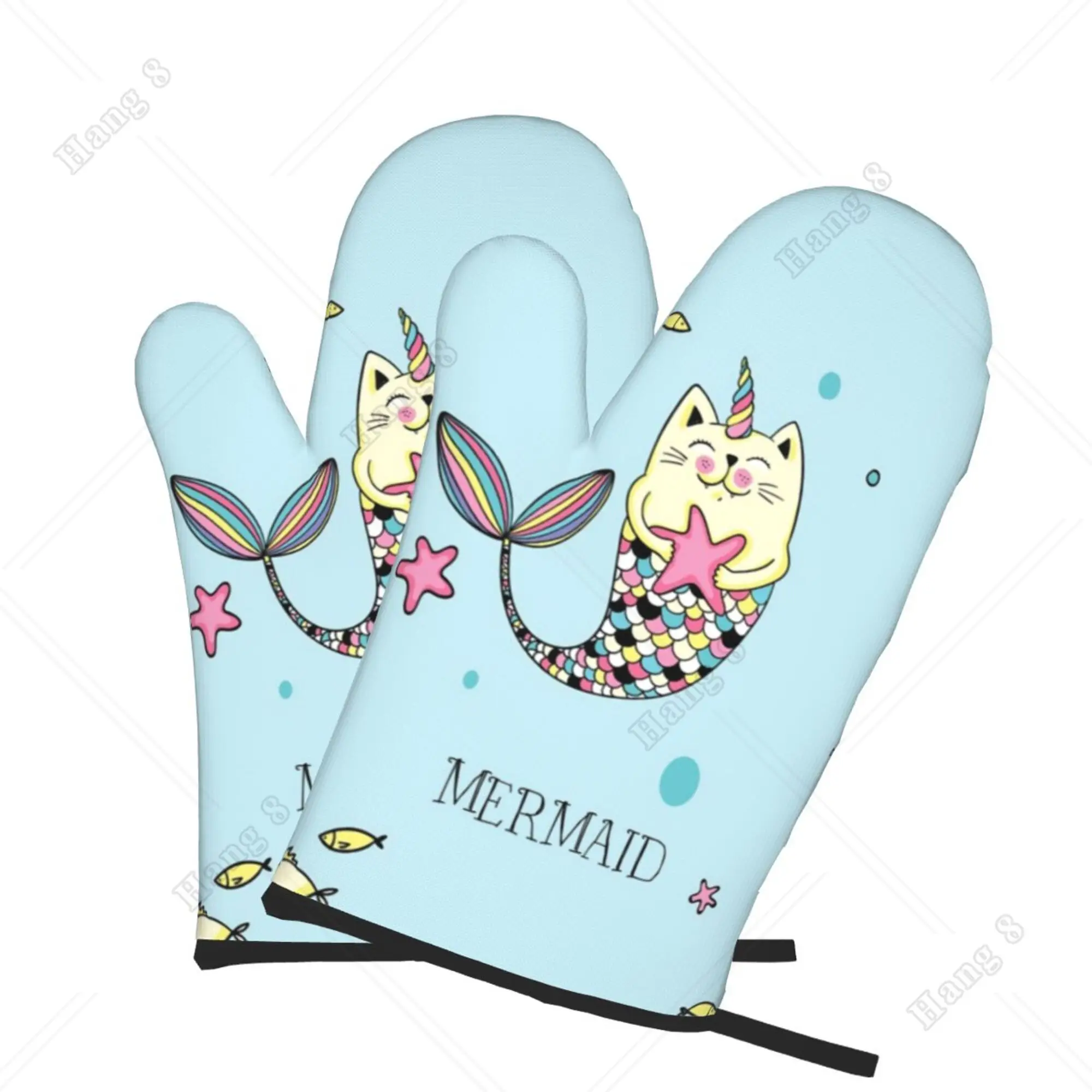 Baby Blue Mermaid Cat Cartoon Cute Microwave Gloves Bbq Gloves for Women Men Oven Gloves Prevent Heat Holder 2PC One Size