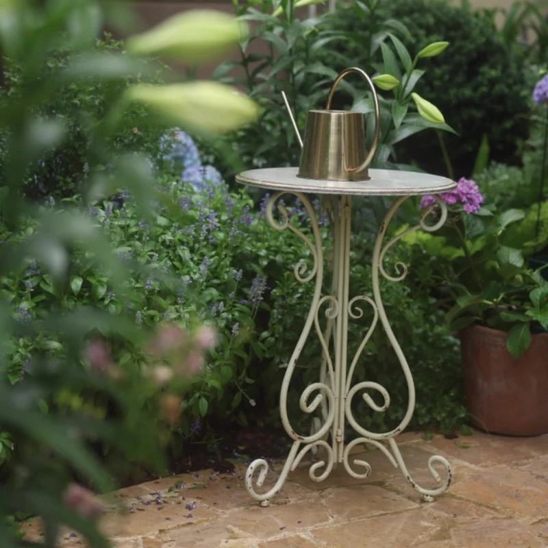 

Outdoor Iron Do Old Round Table with Floral Design Vintage Garden Plant Stand Rustic Side End Table French Country Accent Tables