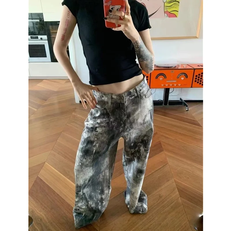 Blaue Damenjeans Hip-Hop Mode Vintage Streetwear Y2K Weites Bein Gerade Jeans Hohe Taille Hose Klassische Baggy Denim Hose