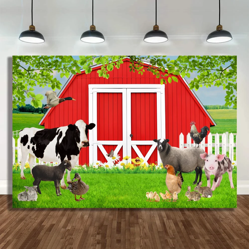 Baby Shower Red House Photography Backdrops Pasture Cattle Sheep Animal Newborn Kids Portrait Photographic Backdrop Photo Studio