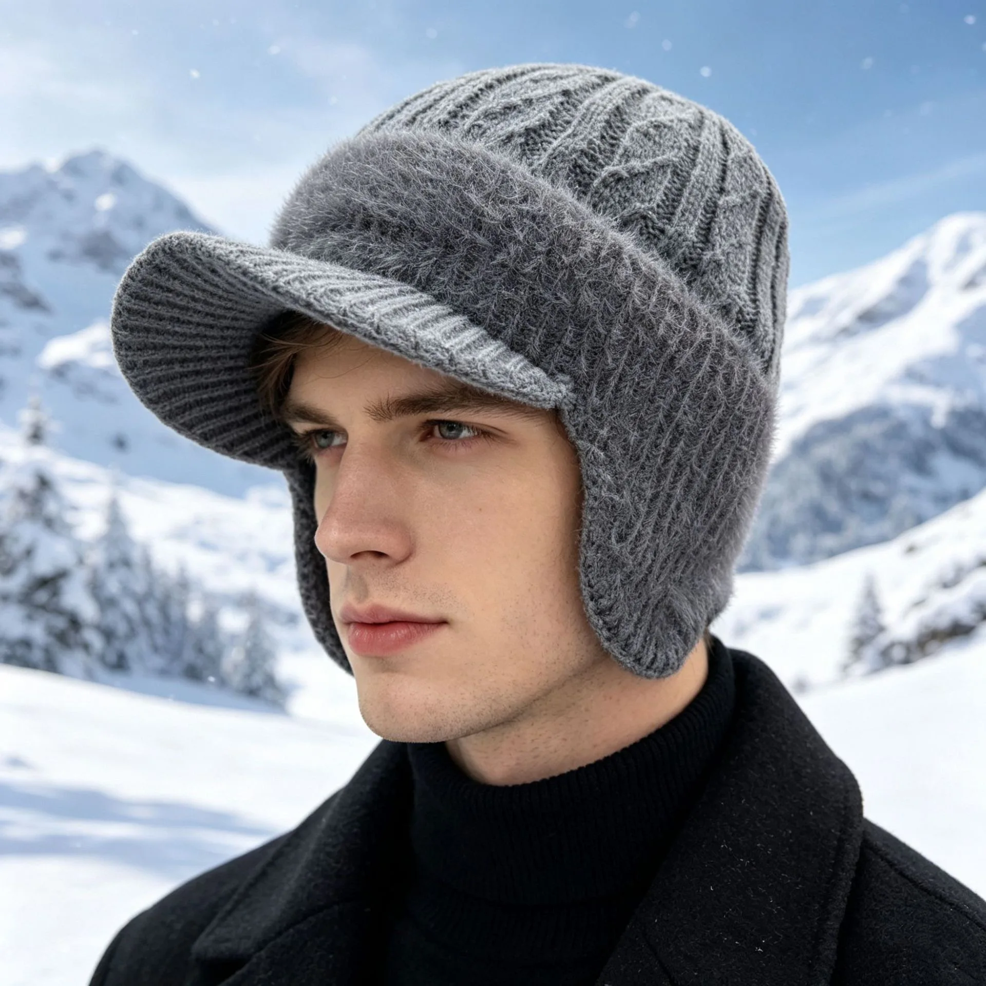 Fashion Winter Men's Hat Thickened Warm Wool Hat Rabbit Fur Lined Ear Protectors Cycling Windproof Cold-Proof Headgear Knitted