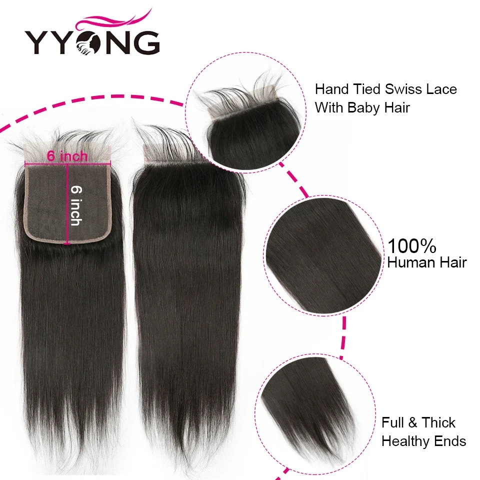 YYong Straight Hair Bundles With 6x6 Lace Closure Remy Brazilian Human Hair Weave Bundles With Closure Hair Extension