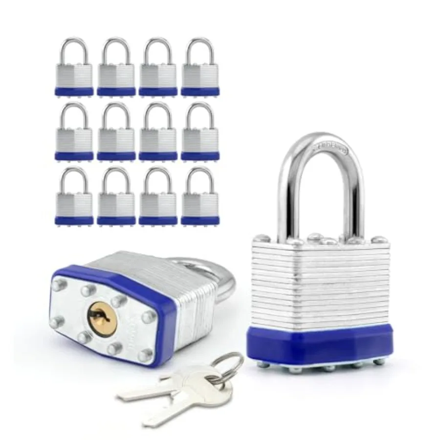 

Lock Laminated keyed Padlock 1-9/16 in Wide Body,Lock Outdoor Blue Padlocks, Lock Set with Keys, Normal Shackle (Pack of 12)