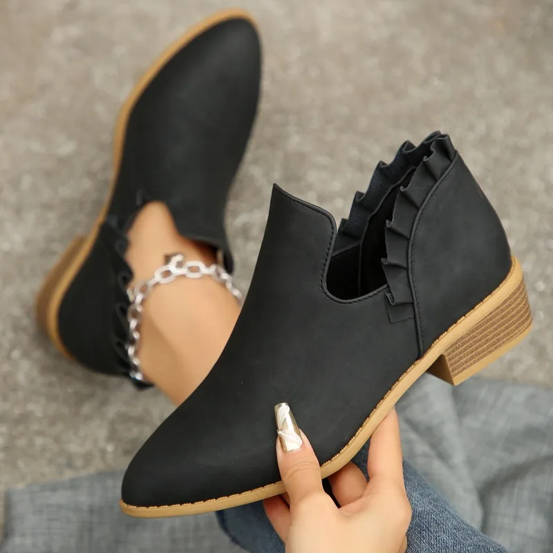 New Women\'s Chelsea Boots Pointed Suede Thick Heel Booties Women Plus Size Zipper Heeled Ankle Boots Retro Boots Zapatos Mujer